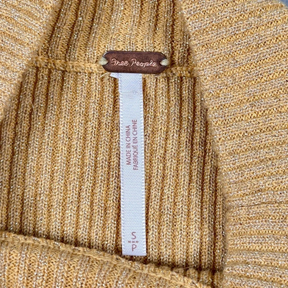 Free People Gold Lurex Ribbed Knit Belted Mini Dress Small French Girl Mock Neck